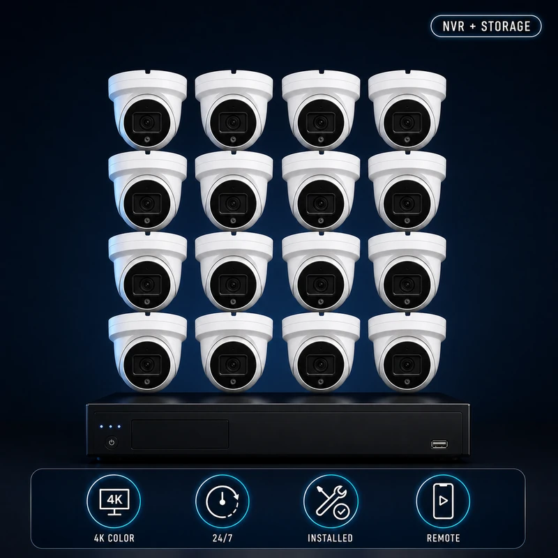 16-camera 4K color night vision turret security system with NVR, 24/7 recording, professional installation and remote viewing