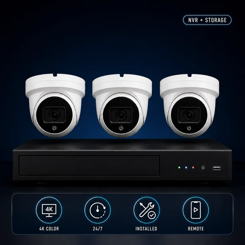 3-camera 4K color night vision turret security system with NVR, 24/7 recording, professional installation and remote viewing