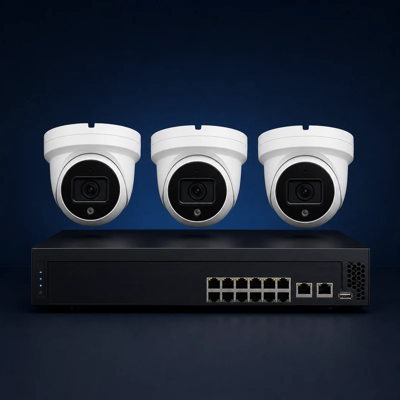 3-camera 4K PoE turret security system with NVR and professional installation