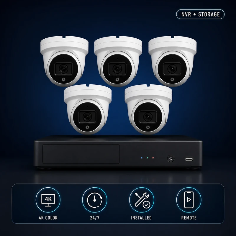 5-camera 4K color night vision turret security system with NVR, 24/7 recording, professional installation and remote viewing