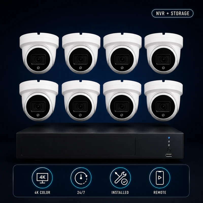 8-camera 4K color night vision turret security system with NVR, 24/7 recording, professional installation and remote viewing