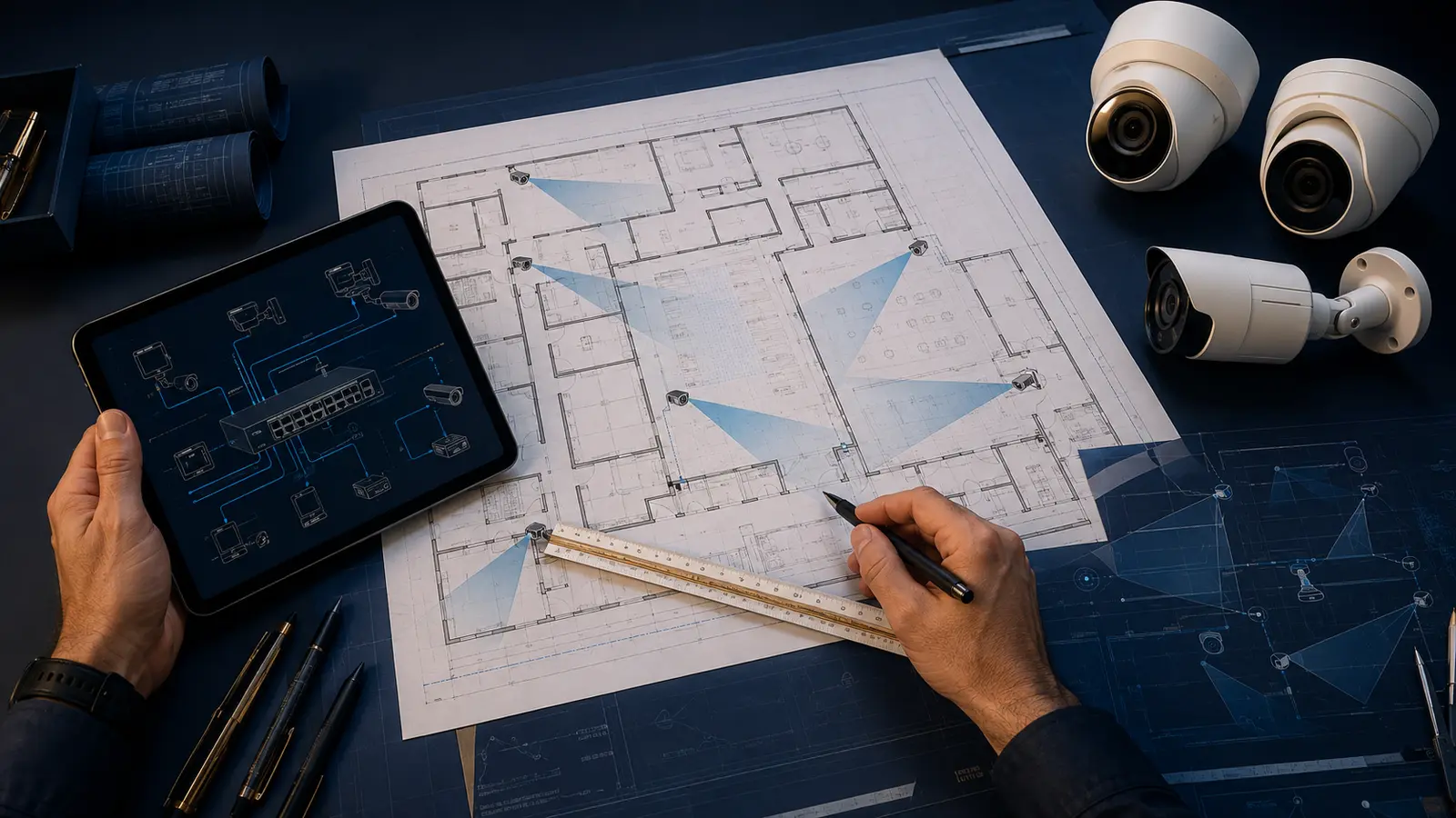 Commercial floor plan with security camera positions and coverage cones