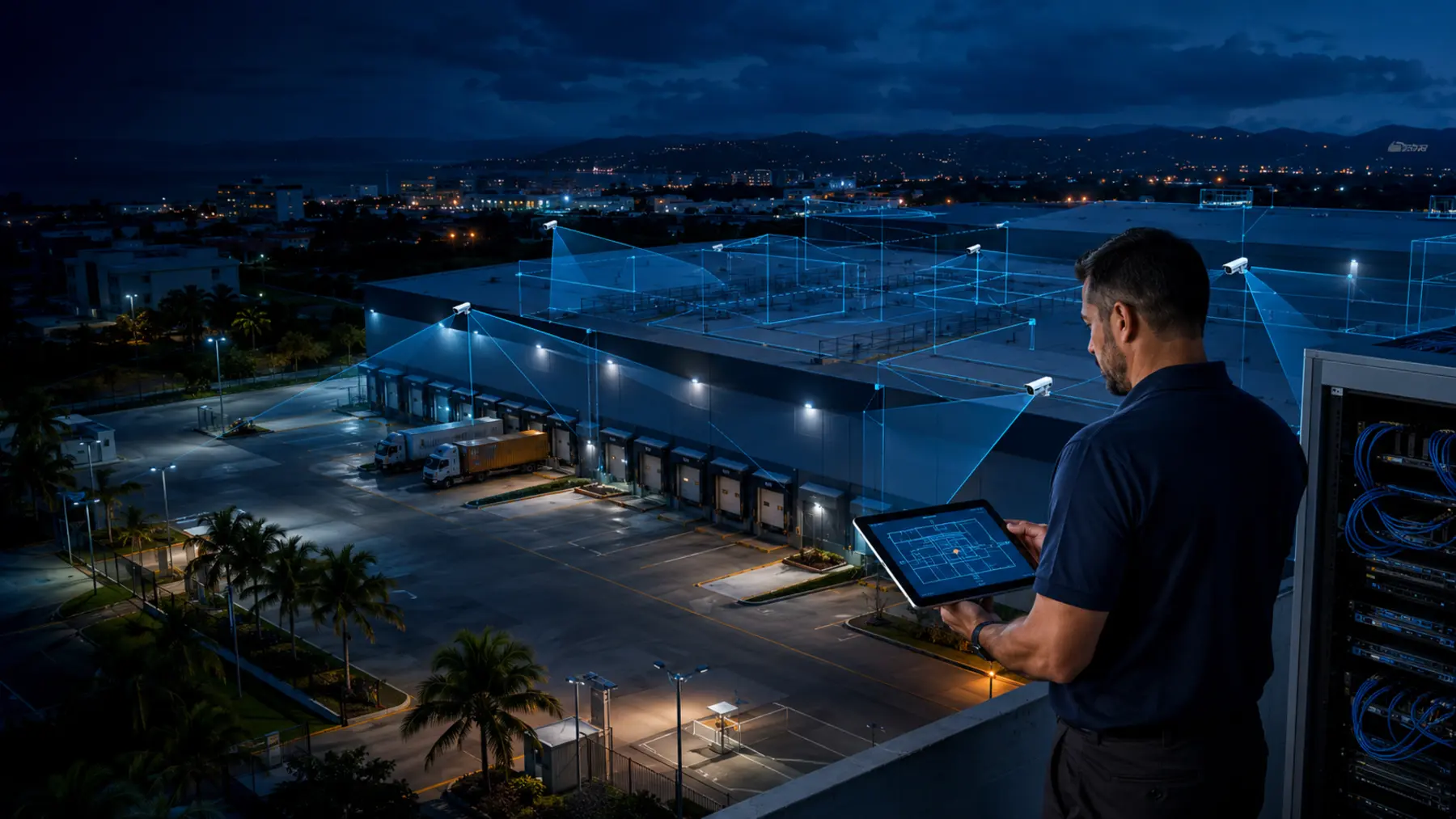 Ingeniero revisando un diseño de cámaras para un almacén comercial en Puerto Rico