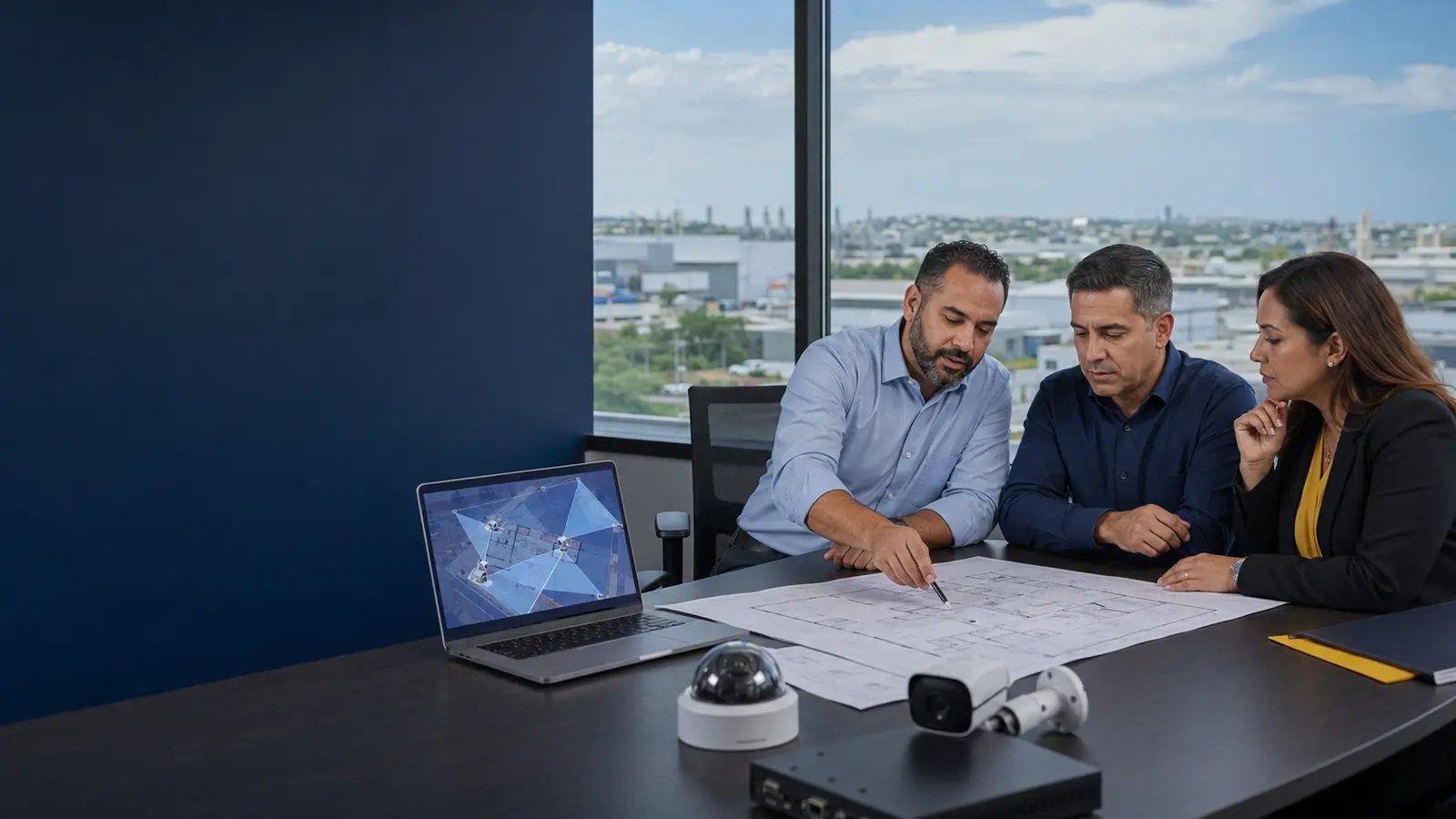 Especialista explicando un plano de cámaras a administradores de una empresa