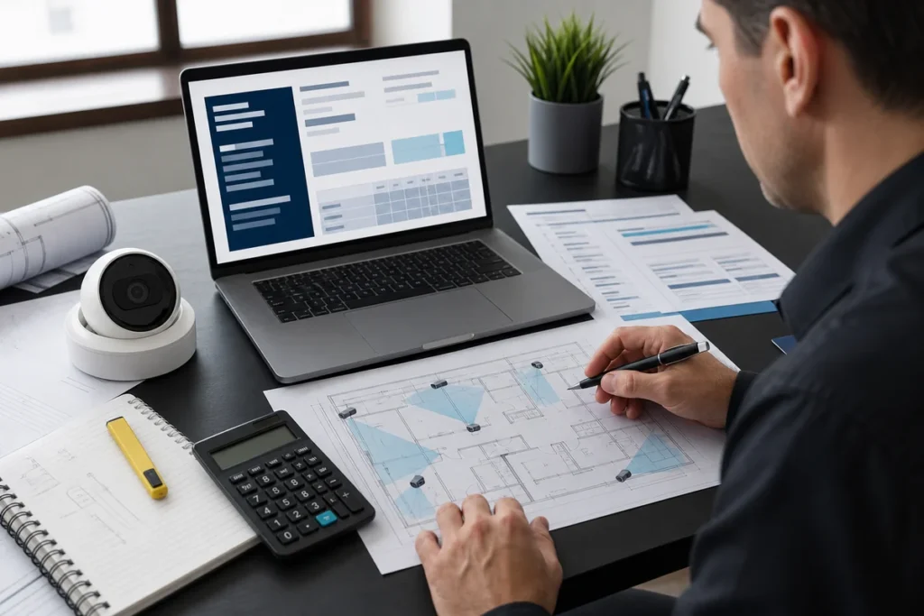 Low-voltage estimator preparing a security camera proposal from a floor plan and equipment schedule