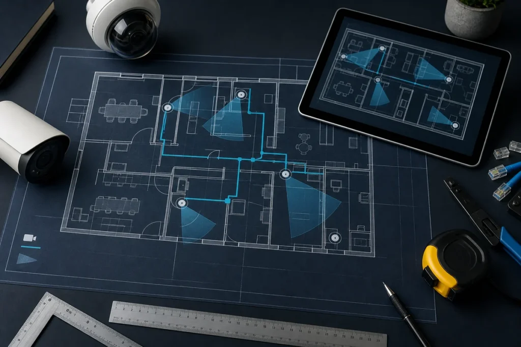 Security camera floor plan with coordinated coverage and cable routes