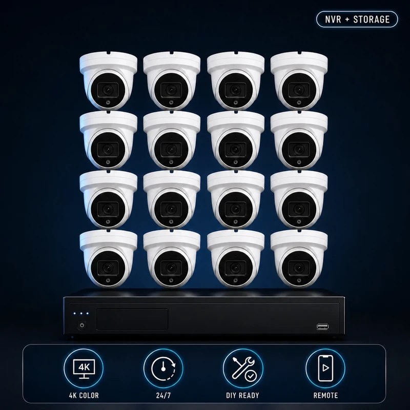 SecureView 16-camera 4K DIY security system with surveillance NVR, storage, premade cabling and remote viewing