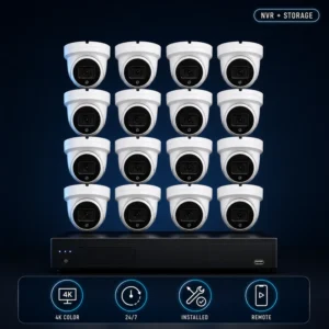 16-camera 4K color night vision security system with surveillance NVR, 24/7 recording, professional installation and remote viewing setup