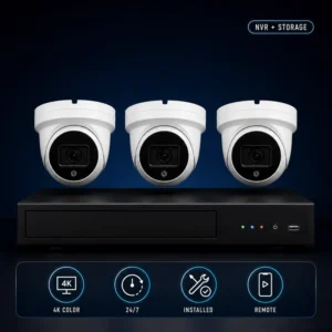 3-camera 4K color night vision security system with surveillance NVR, 24/7 recording, professional installation and remote viewing setup