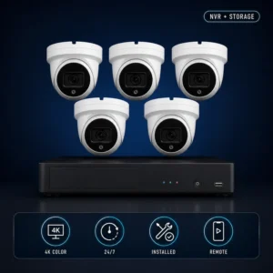 5-camera 4K color night vision security system with surveillance NVR, 24/7 recording, professional installation and remote viewing setup