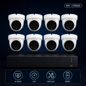 8-camera 4K color night vision security system with surveillance NVR, 24/7 recording, professional installation and remote viewing setup