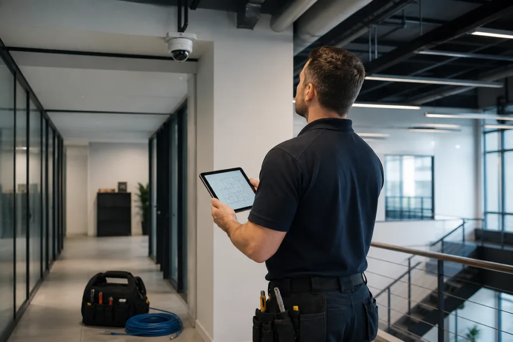 Professional security camera installer reviewing a commercial site and camera placement on a tablet