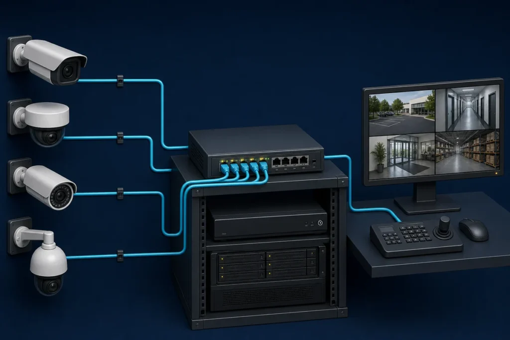 Technical illustration of PoE security cameras connected to a network switch, recorder and monitoring station