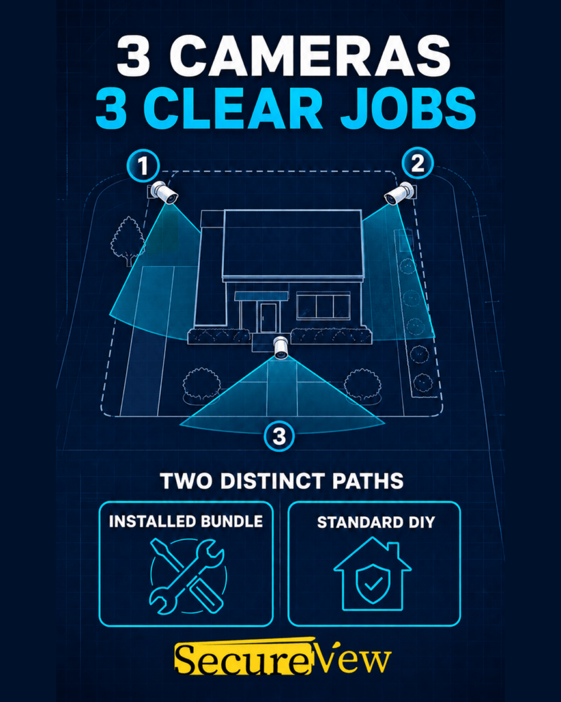 Three-camera security system planning diagram with three numbered viewing zones and separate installed and DIY paths.