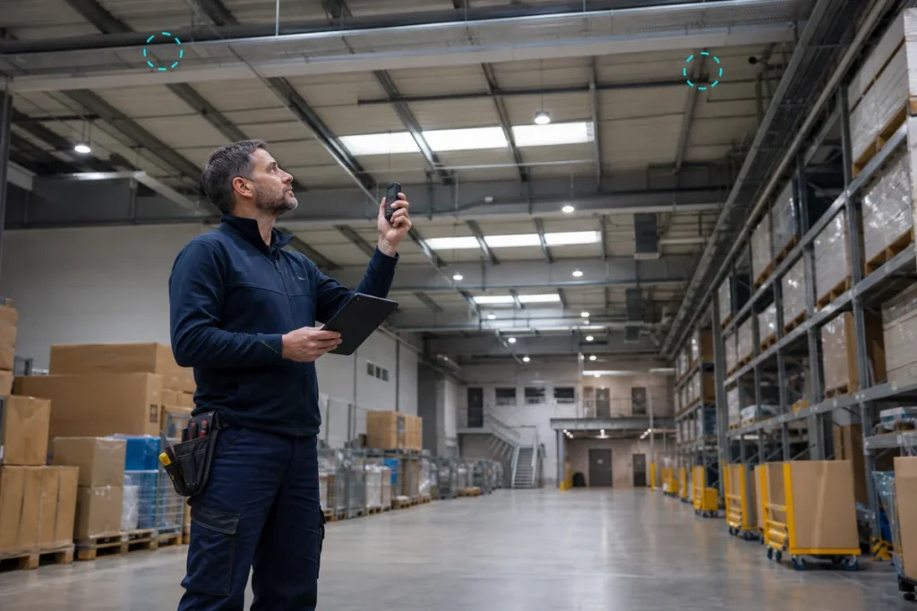 Security camera installer evaluating mounting locations during a commercial warehouse site survey